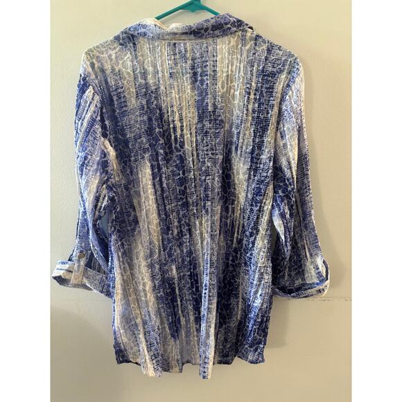 JM Collection Womens Blue Semi Sheer Button Down Size XXL Blue Striped Coastal - Picture 2 of 6